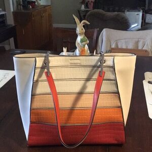 Striped Colorblock Tote Bag in Cream, Tan, Orange & Red